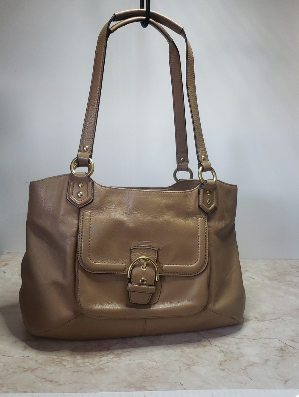 Coach Campbell Belle Leather Shoulder Tote in Tan with Front Buckle Pocket